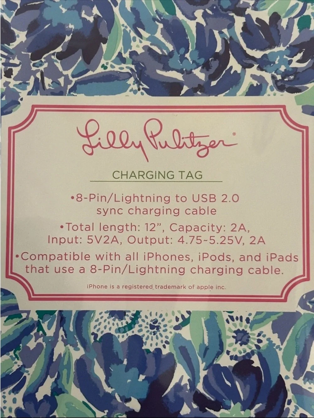 Lilly Pulitzer Charging Tag Keychain Blue Floral High Maintenance Micro USB-USB2